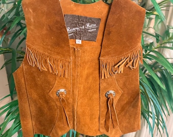 Chaleco vaquero estilo concho de ante marrón para niños, estilo western, talla M, para correr, estilo vintage de los años 80