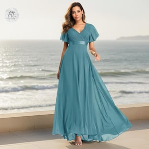 Chiffon Abendkleid, Brautjungfer Maxikleid, fließende Doppel-V-Ausschnitt Flare-Ärmel, elegante Abendgarderobe, Hochzeitsgast-Party, langes Kleid Outfit