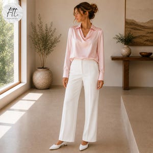 Women Satin Cowl Neck Blouse, Elegant Draped Silk Shirt, Long Sleeve Office Top, Formal Workwear Fashion, Chic Business Casual Outfit