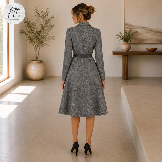 thick winter dress Swing Wool Midi for Women, Elegant Fit and Flare Grey Wool Dress, Warm Fall and Winter Handmade Tweed Dress, Coat Dress DIY Off the shoulder Size:14.5 x 32 light sky blue homecoming dress Look at the table