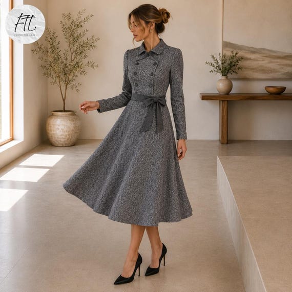 winter swing dress Wool Midi for Women, Elegant Fit and Flare Grey Wool Dress, Warm Fall and Winter Handmade Tweed Dress, Thick Coat Dress MERMAID STYLE length sleeves for versatile Size:8-9Y Pre-Order orange embellished dress Lace-Up