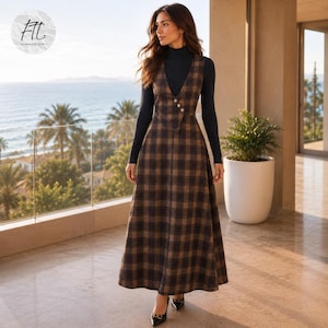 Spring Autumn Retro Plaid Strap Dress, Waist Cinching Long Maxi Outfit, Vintage Aesthetic Sleeveless Elegant Casual Women Clothing