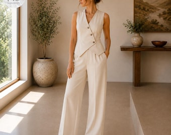 Women 2 Piece Outfit Set, Sleeveless Vest Top and Wide Leg Pants, Autumn Fall Pantsuit, Tailored Elegant Workwear, Chic Minimalist Style