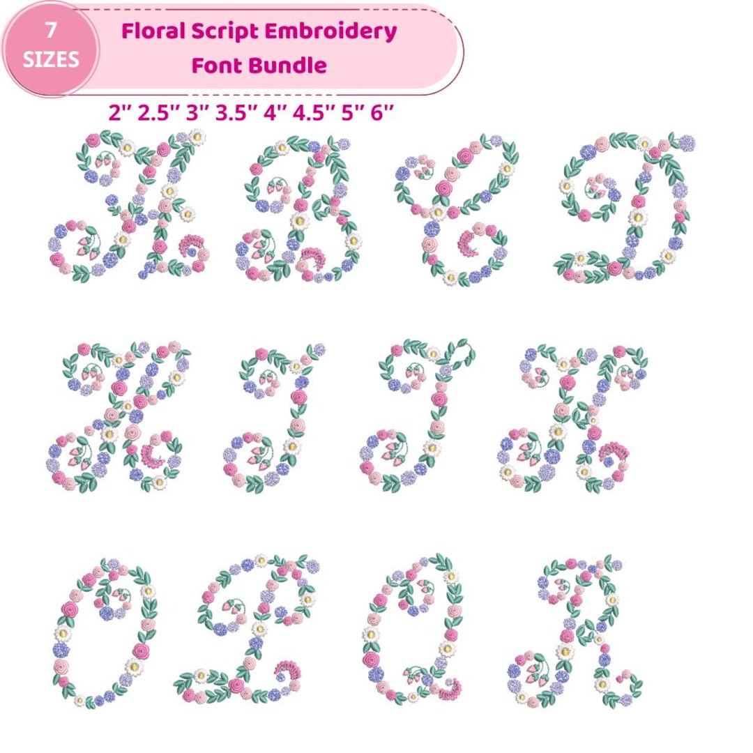 Floral Script Embroidery Font Bundle, Flower Monogram Alphabet Full A-Z ...