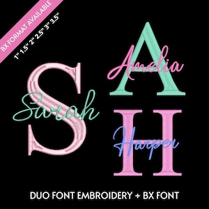 Puede incluir: Imagen sobre fondo negro con los nombres "Sarah", "Amelia" y "Harper" en estilo de bordado de doble fuente. Las letras son rosas y turquesas, con el texto "BX FORMAT AVAILABLE" y "DUO FONT EMBROIDERY + BX FONT".