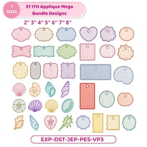 Puede incluir: Colección de 37 diseños de apliques ITH en varias formas, incluyendo etiquetas, conchas y círculos. Disponibles en 7 tamaños, de 5 cm a 20 cm. Los diseños presentan diversos colores y patrones.