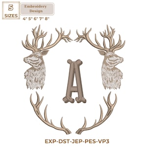 May include: An embroidery design featuring two deer heads facing each other, with the letter "A" in the center. The design includes antlers and the text "Embroidery Design" and "5 SIZES 4" 5" 6" 7" 8".