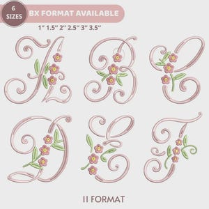 Könnte beinhalten: Gestickte Buchstaben A bis F in zartem Rosa, verziert mit rosa Blüten und grünen Blättern. Der Text zeigt Größen von 2.5 cm bis 8.9 cm und "BX FORMAT AVAILABLE". Die Buchstaben sind im II FORMAT.