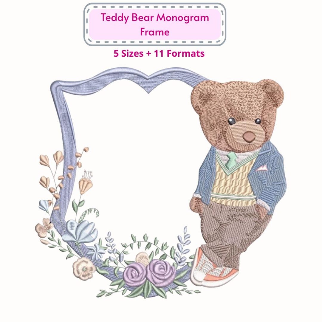 Teddy Bear Monogram Frame, Preppy Polo Style Bear Shield, Floral Baby ...