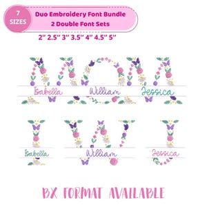 Könnte beinhalten: Weißer Hintergrund mit Stickschriftarten. Der Text lautet "MOM" und "IWJ" mit Blumen- und Schmetterlingsmotiven. Die Namen "Isabella", "William" und "Jessica" werden ebenfalls angezeigt. Der Text "Duo Embroidery Font Bundle" ist sichtbar.