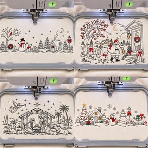 May include: Four embroidery hoops containing fabric panels with holiday-themed designs. The top left shows a snowman and house, top right features Santa with a dog, bottom left depicts a nativity scene, and bottom right shows a winter village scene.