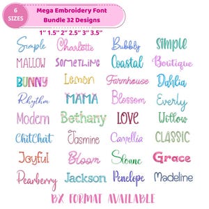 May include: A pink and white graphic displays a "Mega Embroidery Font Bundle" with 32 designs. The font sizes are listed as 1", 1.5", 2", 2.5", 3", and 3.5". Various font styles are shown, including "Simple", "Charlotte", and "Bubbly". "BX FORMAT AVAILABLE" is also displayed.