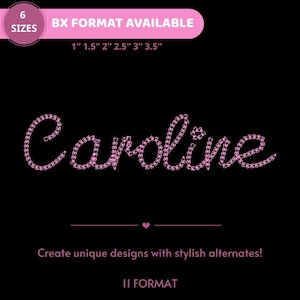 Könnte beinhalten: Schwarzer Hintergrund mit dem Namen "Caroline" in Rosa, stilisiert mit kleinen Dreiecken. Oben steht auf einem rosa Banner "BX FORMAT AVAILABLE" mit Größenangaben in Zoll. Darunter steht der Text "Create unique designs with stylish alternates!" und "II FORMAT".