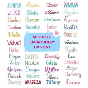 Only BX Font Embroidery Megabundle 50 Alphabet, Embrilliance Cursive Script Fonts Pack, Handwritten Retro Monogram Baby Name