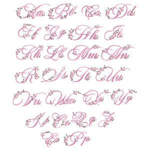 Pink Rose Embroidery Font, Floral Script Alphabet With Roses, Elegant ...