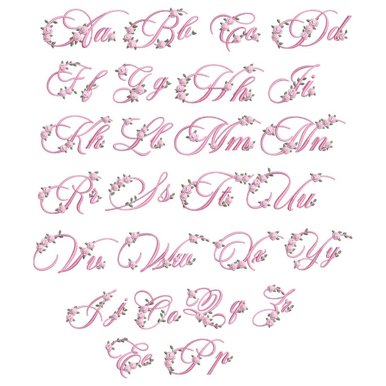 Filigraphy Roses Pink Rose Embroidery Font, Floral Script Alphabet With Roses, Elegant ...