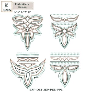 May include: An embroidery design set featuring four unique patterns in shades of brown, teal, and black. The designs are displayed in five sizes: 4", 5", 6", 7", and 8". The text "Embroidery Design" is also present.