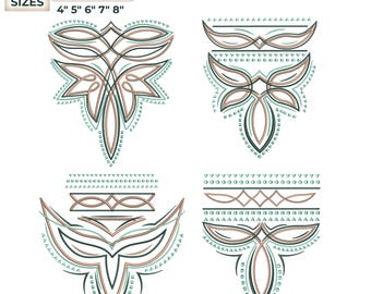 May include: An embroidery design set with four patterns in brown, teal, and black. The designs are available in five sizes: 10.16cm, 12.7cm, 15.24cm, 17.78cm, and 20.32cm. The text "Embroidery Design" is also present.