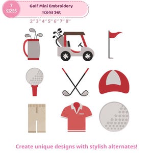 May include: A set of golf-themed embroidery icons in red, gray, and beige. The icons include a golf bag, golf cart, flag, golf ball, crossed golf clubs, a golf cap, golf pants, and a polo shirt. Text reads "Golf Mini Embroidery Icons Set" and "Create unique designs with stylish alternates!"