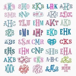 Megabundel met 40 monogram borduurlettertypen voor de borduurmachine: BX, Shadow Block Vine Stacked Alphabet Letters pES DST JEF, Heart Coquette Bow Mini Font