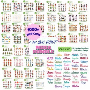 Peut inclure: Une collection numérique de plus de 1000 mini icônes de broderie et 50 polices BX dans un méga pack. L'image présente de nombreux petits graphiques brodés colorés, incluant des animaux, de la nourriture et des thèmes de vacances, avec des polices.