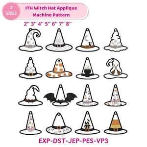 Könnte beinhalten: Eine digitale Sammlung von ITH Witch Hat Applique Maschinenstickmustern in 7 Größen von 2 bis 8 Zoll. Das Bild zeigt 16 verschiedene Hexenhut-Designs mit Motiven wie Spinnweben, Geistern, Kürbissen, Fledermäusen, Totenköpfen und Zaubertränken. Dateiformate sind EXP, DST, JEP, PES und VP3.