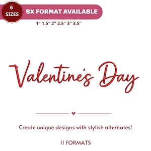 May include: Red "Valentine's Day" script text on a white background. The image includes text indicating 6 sizes, BX format availability, and sizes ranging from 1" to 3.5". Additional text encourages unique designs.
