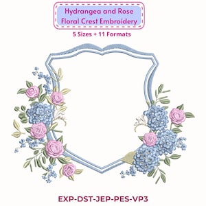 Coastal Chinoiserie Floral Crest Embroidery, Blue Hydrangea and Pink Rose Monogram Design, Grandmillennial Style Flower Frame