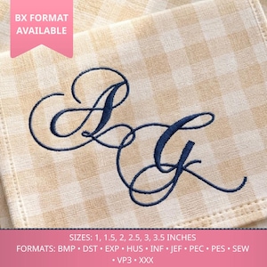 May include: A beige and white gingham fabric featuring a dark blue embroidered monogram of the letters AG in a cursive script. A pink banner at the top reads BX FORMAT AVAILABLE. Text at the bottom lists sizes 1, 1.5, 2, 2.5, 3, 3.5 inches and formats BMP, DST, EXP, HUS, INF, JEF, PEC, PES, SEW, VP3, XXX.
