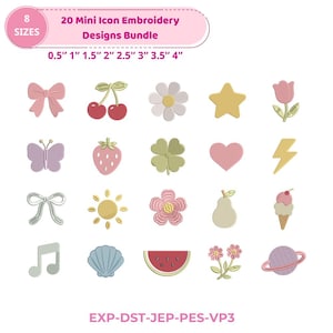 May include: A collection of 20 mini icon embroidery designs in various sizes, including a bow, cherries, a daisy, a star, a tulip, a butterfly, a strawberry, a four-leaf clover, a heart, a lightning bolt, a musical note, a seashell, and a watermelon. The text reads "20 Mini Icon Embroidery Designs Bundle".