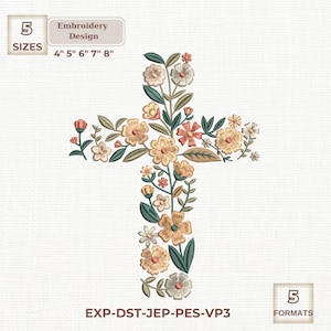 May include: An embroidery design of a cross shape, adorned with various flowers in shades of peach, cream, and green. The design is available in 5 sizes: 4", 5", 6", 7", and 8". The image also includes text indicating the design is available in 5 formats.