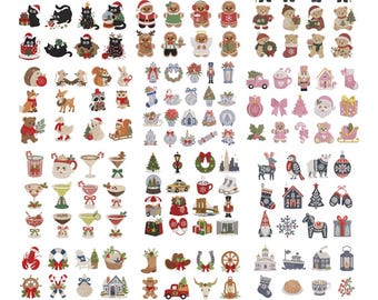 May include: A collection of small, detailed holiday-themed illustrations featuring black cats, gingerbread figures, teddy bears, woodland animals, festive cocktails, winter landscapes, and various seasonal icons arranged in a grid pattern.