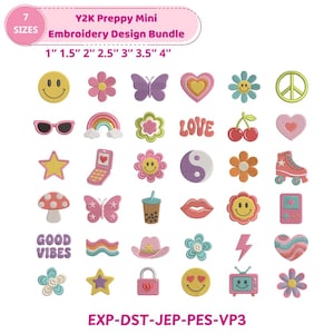 May include: A digital embroidery design bundle titled Y2K Preppy Mini Embroidery Design Bundle, featuring 36 colorful icons including smiley faces, flowers, butterflies, hearts, rainbows, stars, a roller skate, a cowboy hat, and the text GOOD VIBES.