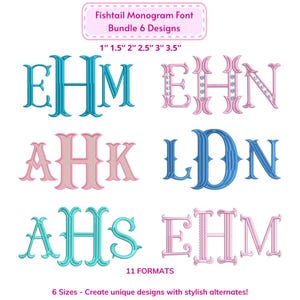 Fishtail Monogram Font Bundle 6 Designs, Classic Serif Alphabet, Decorative Scalloped and Dotted Letters for Machine Embroidery Designs