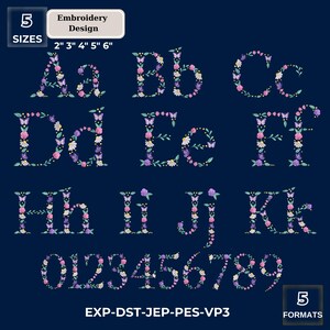 May include: An embroidery design set featuring the alphabet letters A through K and numbers 0 through 9. Each letter and number is decorated with floral and butterfly patterns. The design is available in 5 sizes: 2", 3", 4", 5", and 6".