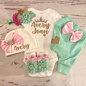 Baby Girl Coming Home Outfit Baby Girl Clothes Personalized Newborn Girl Outfit Take Home Outfit with Name New born Monogram Aqua Mint Gold
