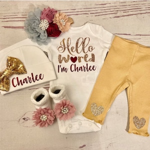 Baby Girl Coming Home Outfit Baby Girl Clothes Personalized Newborn Girl Outfit Take Home Outfit with Name New born Monogram mustard Gold