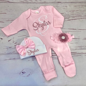 Personalized baby girl coming home outfit baby girl sleeper Monogram Newborn baby girl take home outfit Baby shower gift Light Pink Mauve
