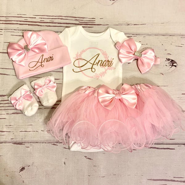 Tenue pour le retour à la maison pour bébé fille Tenue à emporter pour bébé fille personnalisée Tenue d'hôpital pour petite fille rose et or