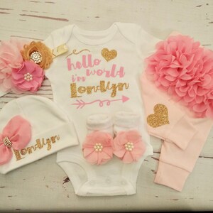 Baby Girl Coming Home Outfit Baby Girl Clothes Personalized Newborn Girl Outfit Take Home Outfit with Name New born Monogram Pink Gold Mauve