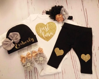 Baby Girl Coming Home Outfit Baby Girl Clothes Personalized Newborn Girl Outfit Take Home Outfit with Name New born Monogram Pink black gold