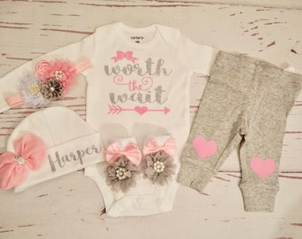 worth the wait, baby girl coming home outfit, newborn baby girl take home outfit, baby girl clothes, baby girl, baby girl outfit, baby girl