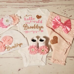 Baby Girl Coming Home Outfit Baby Girl Clothes Personalized Newborn Girl Outfit Take Home Outfit with Name New born Monogram Hello World