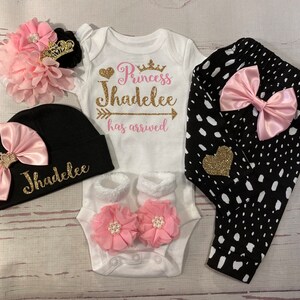 Baby Girl Coming Home Outfit Baby Girl Clothes Personalized Newborn Girl Outfit Take Home Outfit with Name New born Monogram Pink black gold