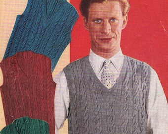 Mens Cable Slipover Knitting Pattern PDF 1940s Classic Tank Top (T220) Weldons B1297