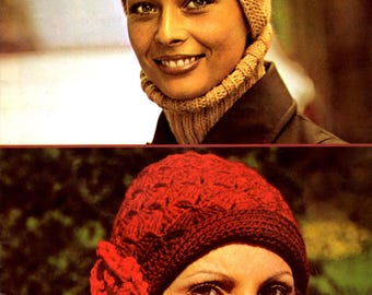 Hat and matching roll neck knitting pattern and hat with side flower crochet pattern.