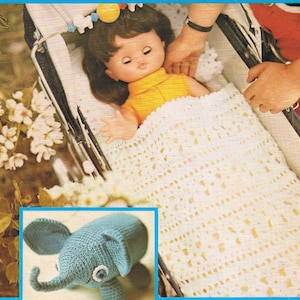 Dolls cradle, Blanket, Pillow, Toy Elephant and Cradle Vintage Crochet Pattern PDF Toys T201 Amigurumi image 1