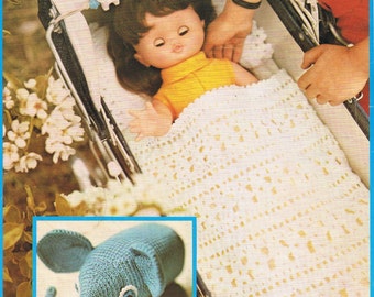 Dolls cradle, Blanket, Pillow, Toy Elephant and Cradle Vintage Crochet Pattern PDF Toys (T201) Amigurumi