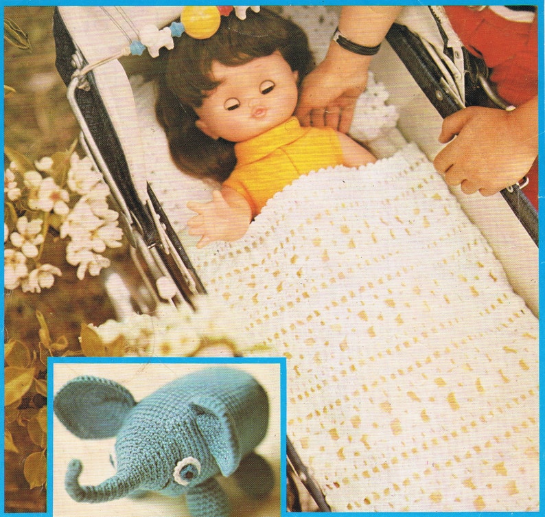 Dolls cradle, Blanket, Pillow, Toy Elephant and Cradle Vintage Crochet Pattern PDF Toys T201 Amigurumi image 1