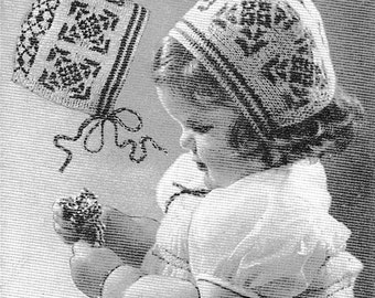 Fair Isle Bonnet & Mittens 1940s Vintage Knitting Pattern PDF (T156)